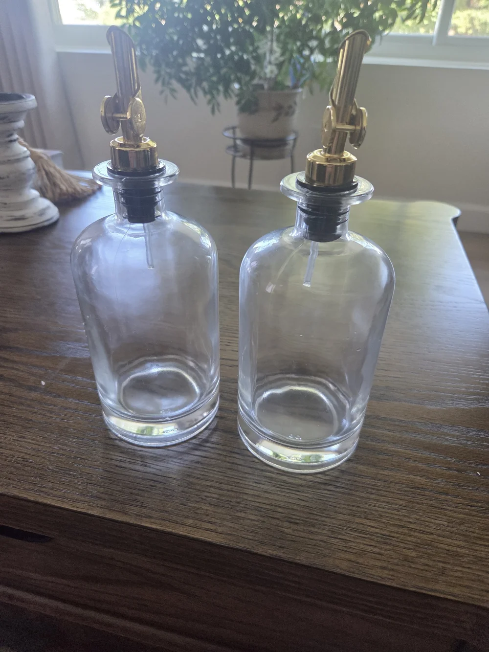 Clear Glass Oil & Vinegar Dispenser Bottles with Gold Pour Spouts - Set of 2
